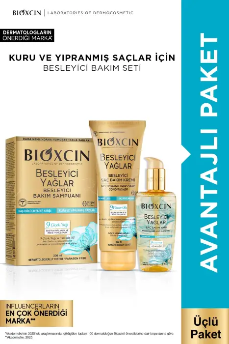 Bioxcin Besleyici Yağlar Onarıcı Şampuan 300ml + Saç Bakım Yağı 150ml + Saç Kremi 200ml Seti - 1