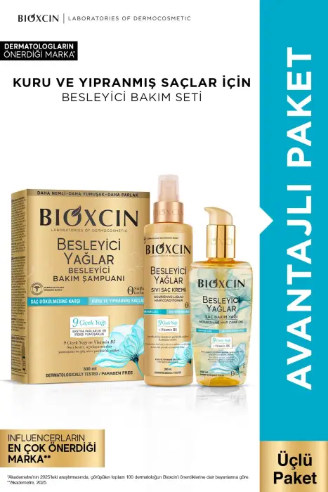Bioxcin Besleyici Yağlar Onarıcı Şampuan 300ml + Saç Bakım Yağı 150ml + Sıvı Saç Kremi 200ml Seti - 1