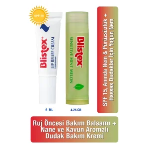 Blistex Ruj Öncesi Bakım Balsamı + Nane ve Kavun Aromalı Dudak Bakım Kremi Set - Blistex