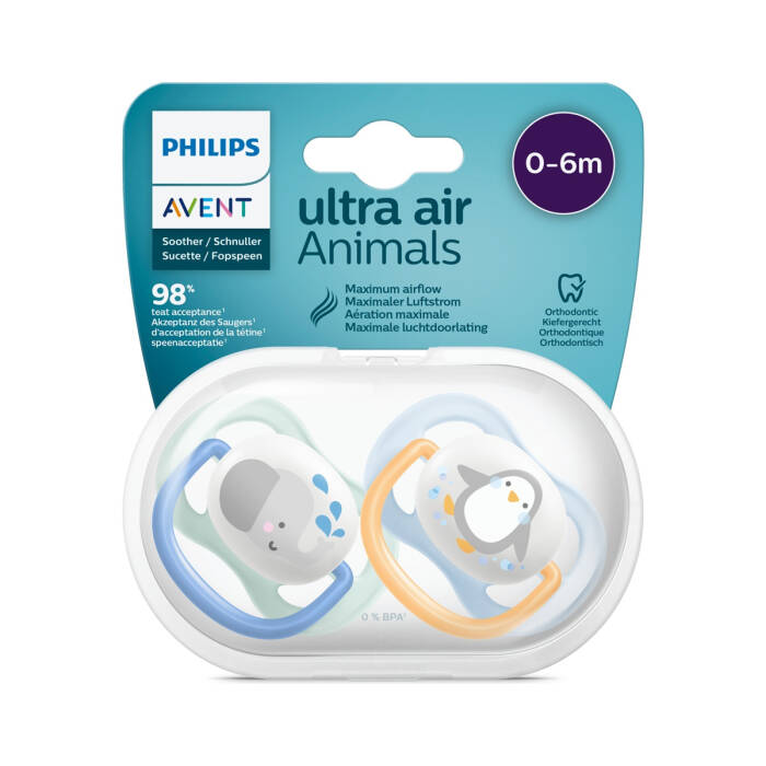 Philips Avent Ultra Air Animals Emzik 0-6 Ay 2'li (Hayvan Desenli/Mavi ve Turuncu) - 1